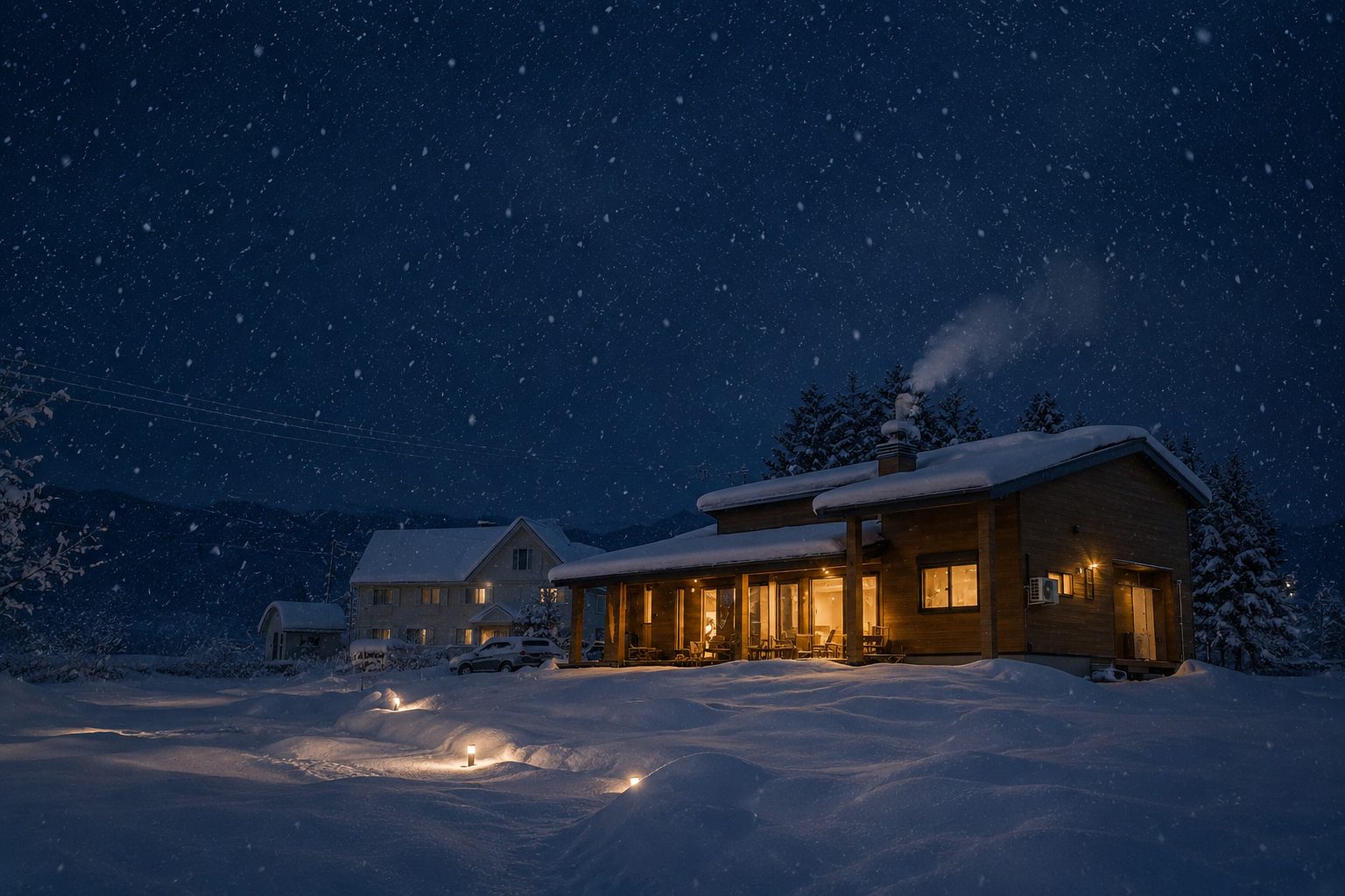 雪の降る夜、灯りのともる天頂の別邸